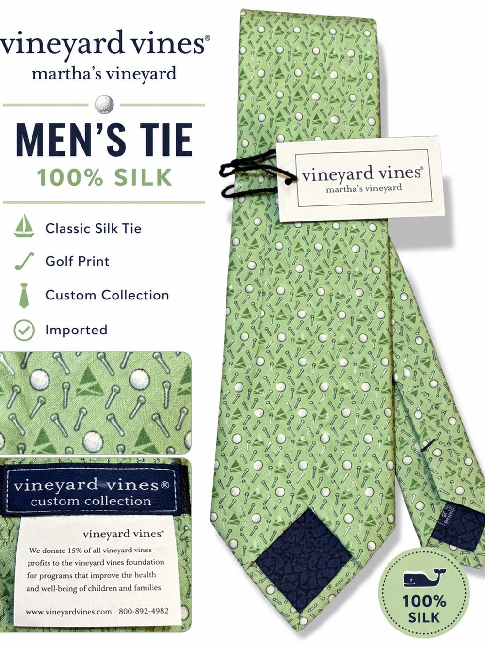 Vineyard Vines Light Green Golf Tee & Ball Silk Tie Club Novelty Men’s NWOT